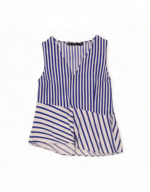 Zara Femme Blouse Asymétrique Top UK 12 Bleu Moyen Rayé Coton