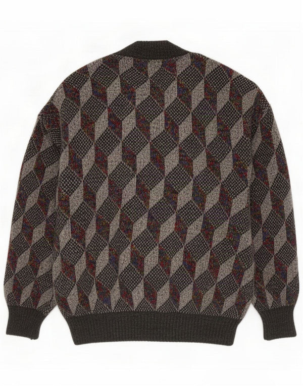 Vintage Mens Cardigan Sweater XL Gris Géométrique Laine