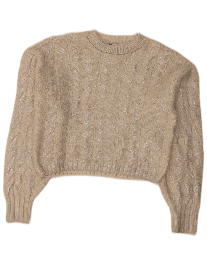 Zara Pull court à col rond pour femme UK 14 Beige moyen