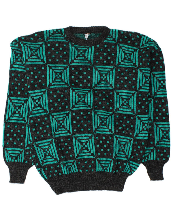 vintage Mens Crew Neck Jumper Pull Grand Vert Géométrique Acrylique