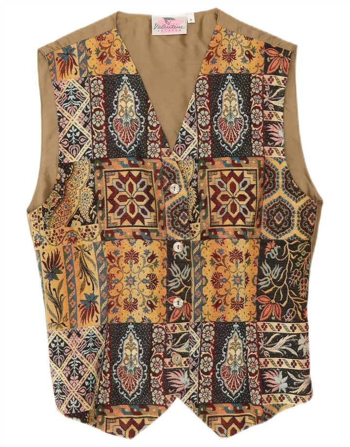 VINTAGE Gilet Femme UK 12 Moyen Beige Paisley Polyester