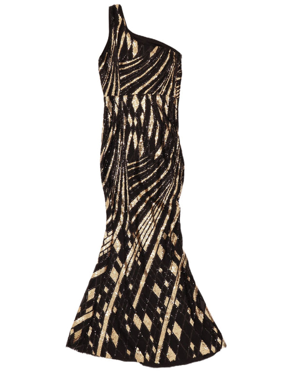 Faeriesty Robe sirène maxi asymétrique épaule dénudée pour femme UK 4 XS Noir géométrique