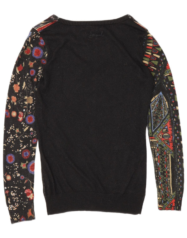 Desigual Pull graphique à col en V pour femme UK 10 Small Noir Viscose