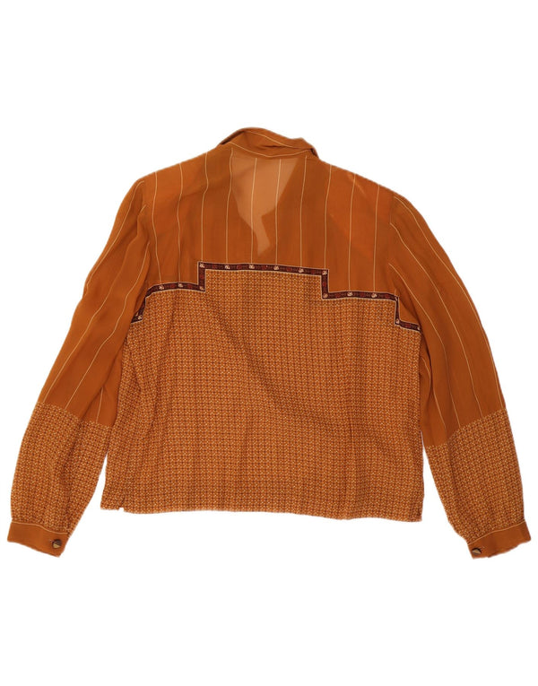 vintage Femme Manches Longues Blouse Top IT 48 XL Marron Géométrique