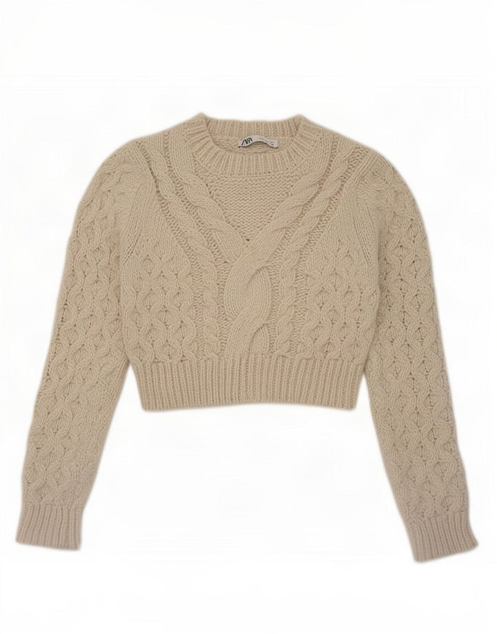 Zara Pull court à col rond pour femme UK 12 Beige moyen Polyester