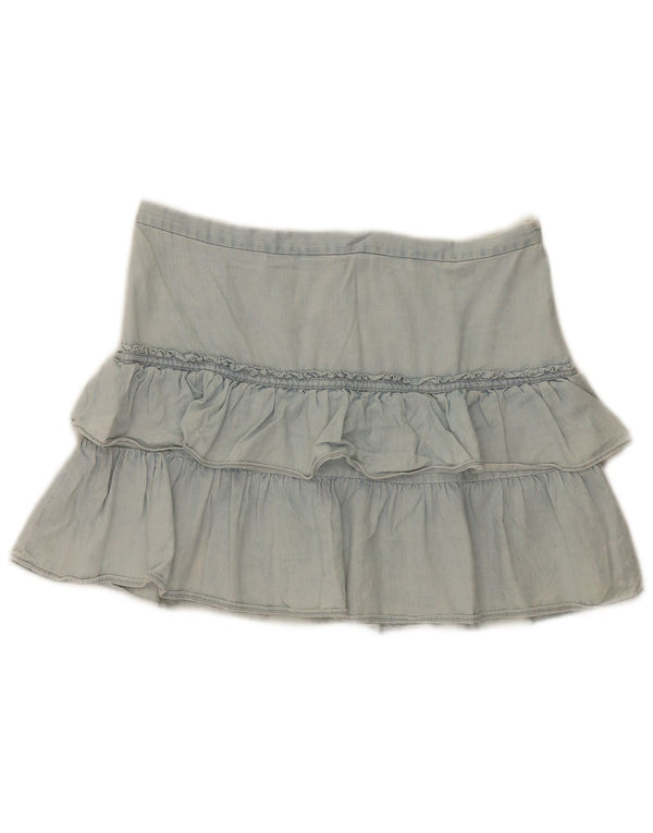 French Connection Mini jupe à volants en jean pour femme UK 12 Medium W32 Bleu
