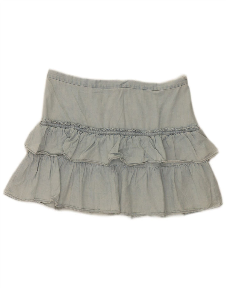 French Connection Mini jupe à volants en jean pour femme UK 12 Medium W32 Bleu