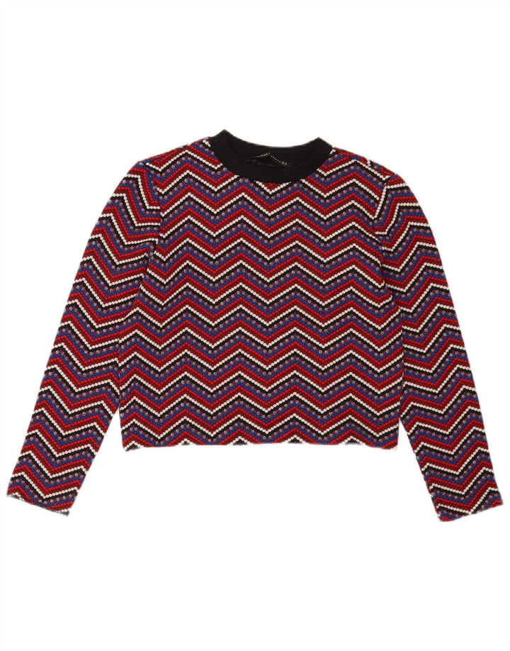 Zara Womens Crop Top Manches Longues UK 12 Medium Multicolore Chevron