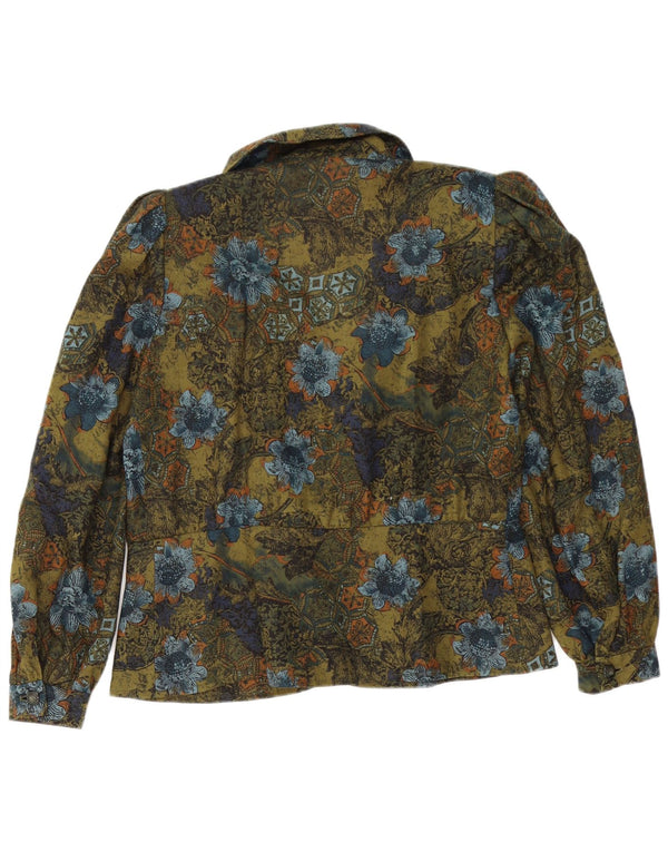 vintage Femmes Manches Longues Cardigan Top UK 14 Grand Vert Floral Rétro
