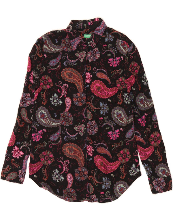 BENETTON Chemise Femme UK 10 Petit Noir Paisley Modal