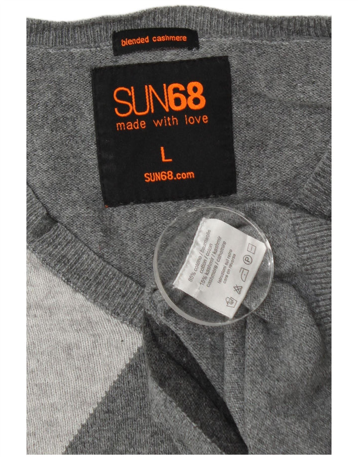 Sun68 Pull col V pour homme en coton gris Argyle/diamant Taille L