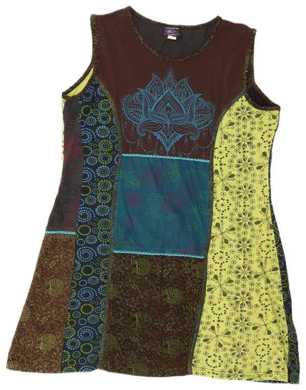 Robe trapèze sans manches vintage pour femmes UK 20 2XL Patchwork multicolore