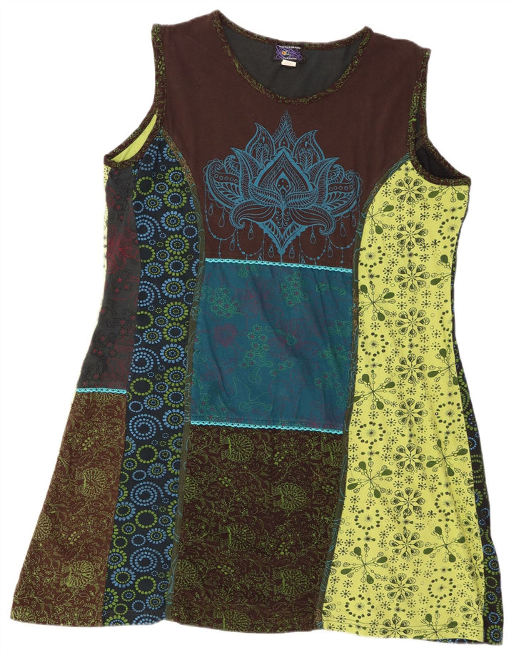 Robe trapèze sans manches vintage pour femmes UK 20 2XL Patchwork multicolore