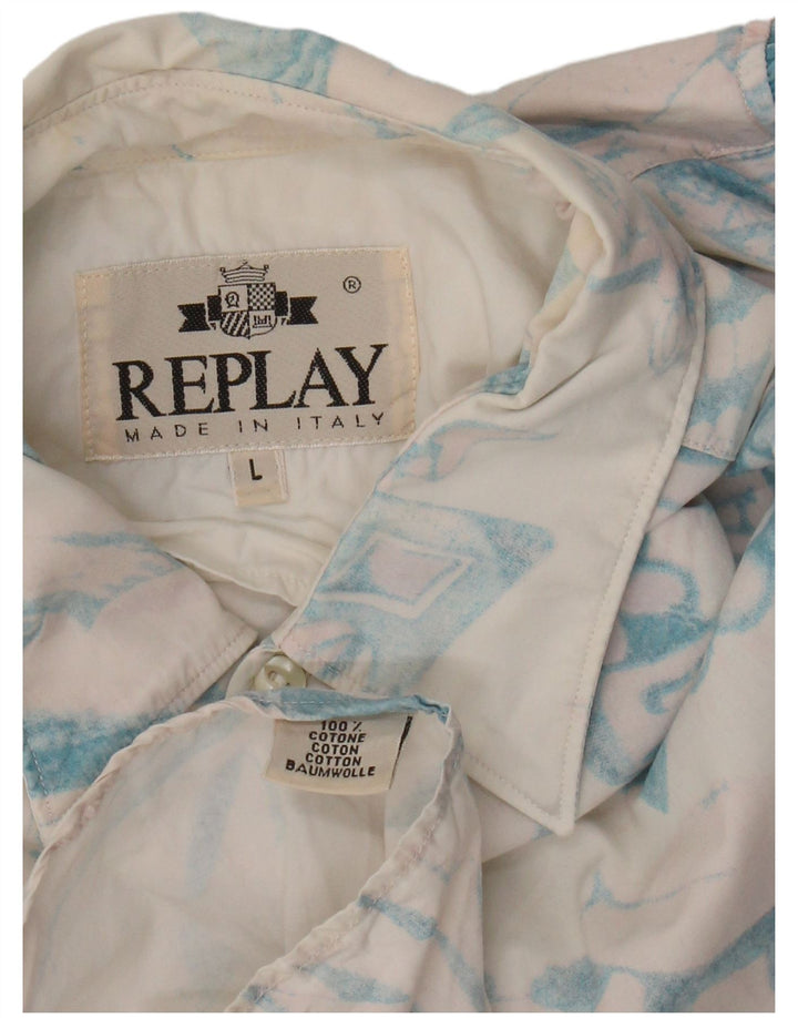Replay Chemise à Motifs Abstraits Large Blanc Cassé Coton Homme