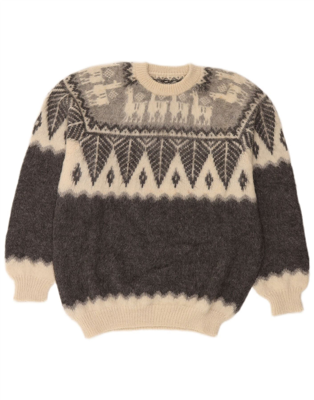 vintage Mens Crew Neck Jumper Pull Petit Gris Fair Isle