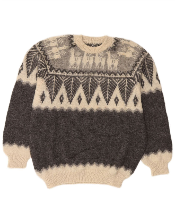 vintage Mens Crew Neck Jumper Pull Petit Gris Fair Isle
