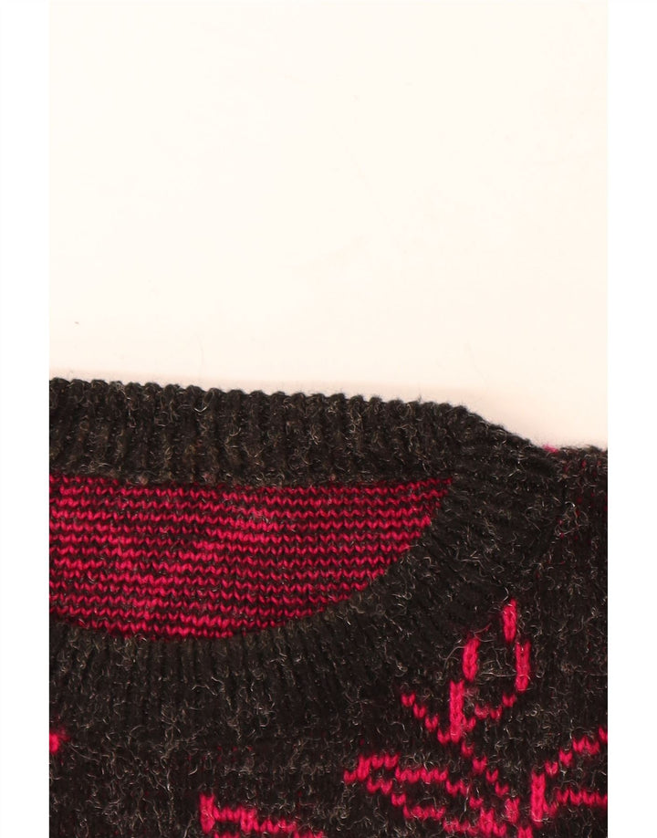 VINTAGE Femmes Bateau Cou Jumper Pull UK 20 2XL Noir Floral Acrylique