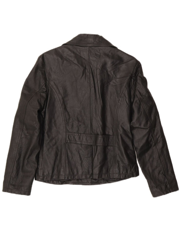 vintage Femme 3 Boutons Veste Blazer En Cuir UK 14 Grand Noir