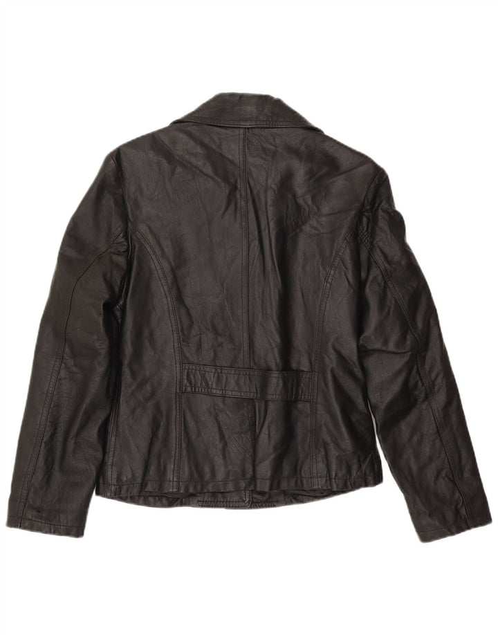 vintage Femme 3 Boutons Veste Blazer En Cuir UK 14 Grand Noir