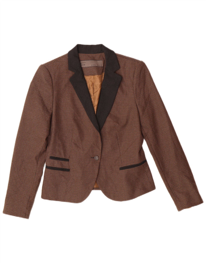 Zara Veste blazer basique pour femme UK 12 Marron moyen pied-de-poule classique