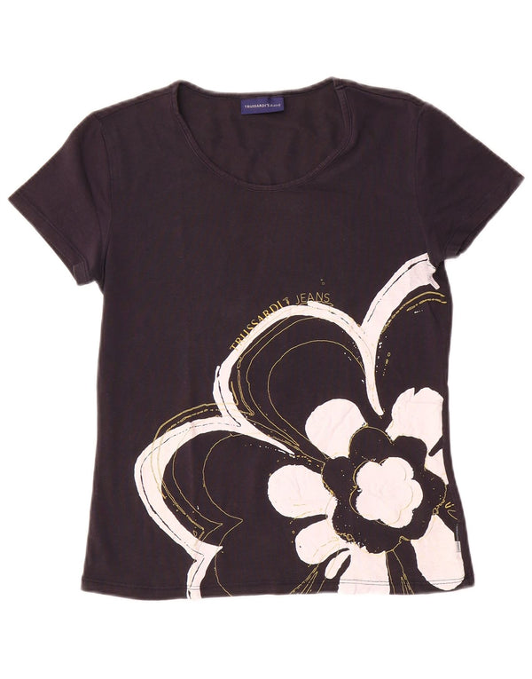 Trussardi Jeans T-Shirt Graphique Femme UK 12 Medium Navy Blue Floral