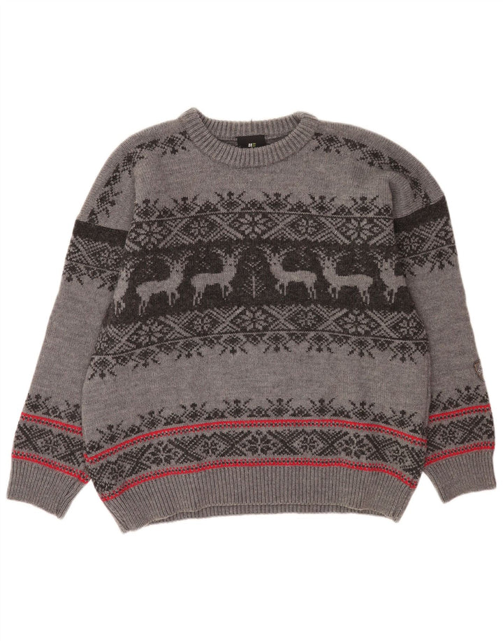 Hot Stuff Pull à col rond pour homme en laine Fair Isle gris Taille L