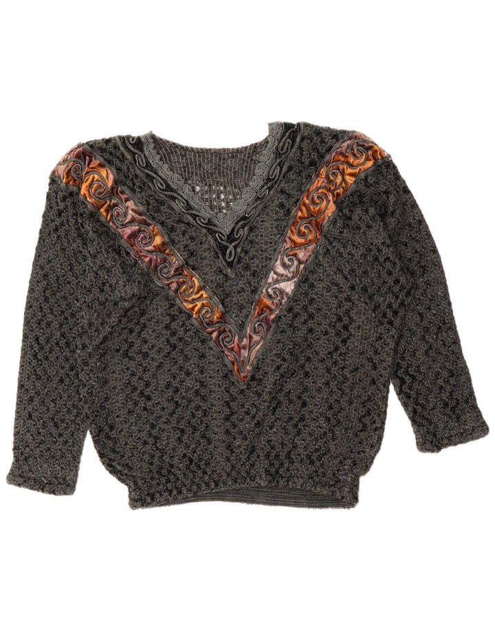 vintage Femme V-Col Jumper Pull UK 14 Grand Colorblock Gris