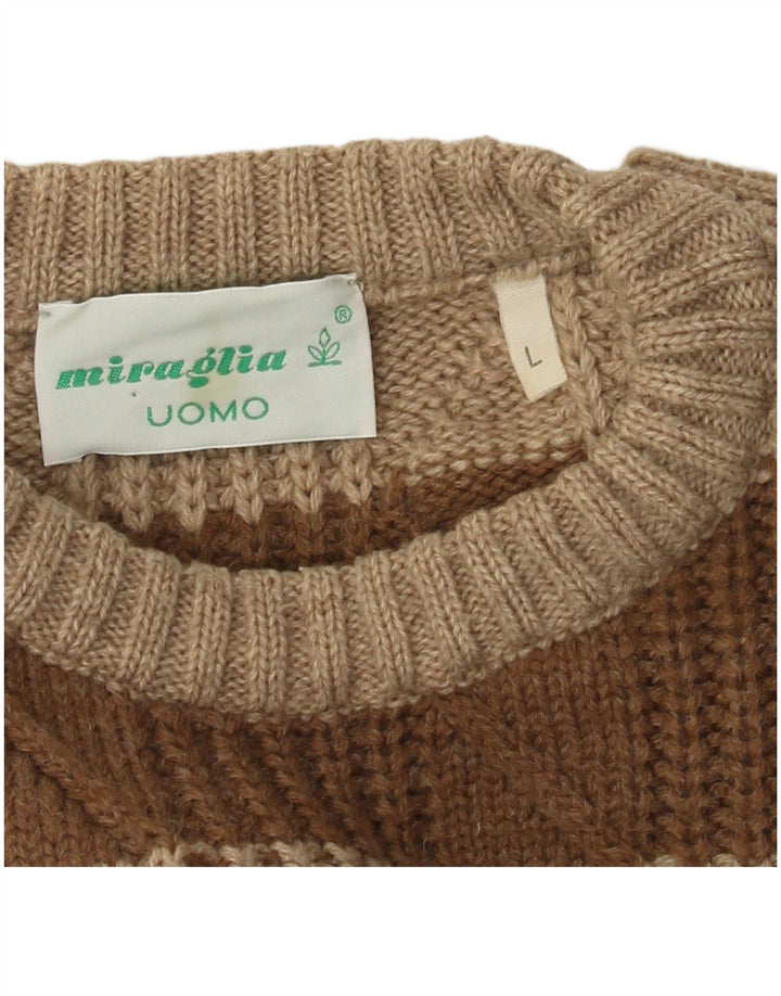 vintage Mens Crew Neck Jumper Pull Grand Marron Rayé