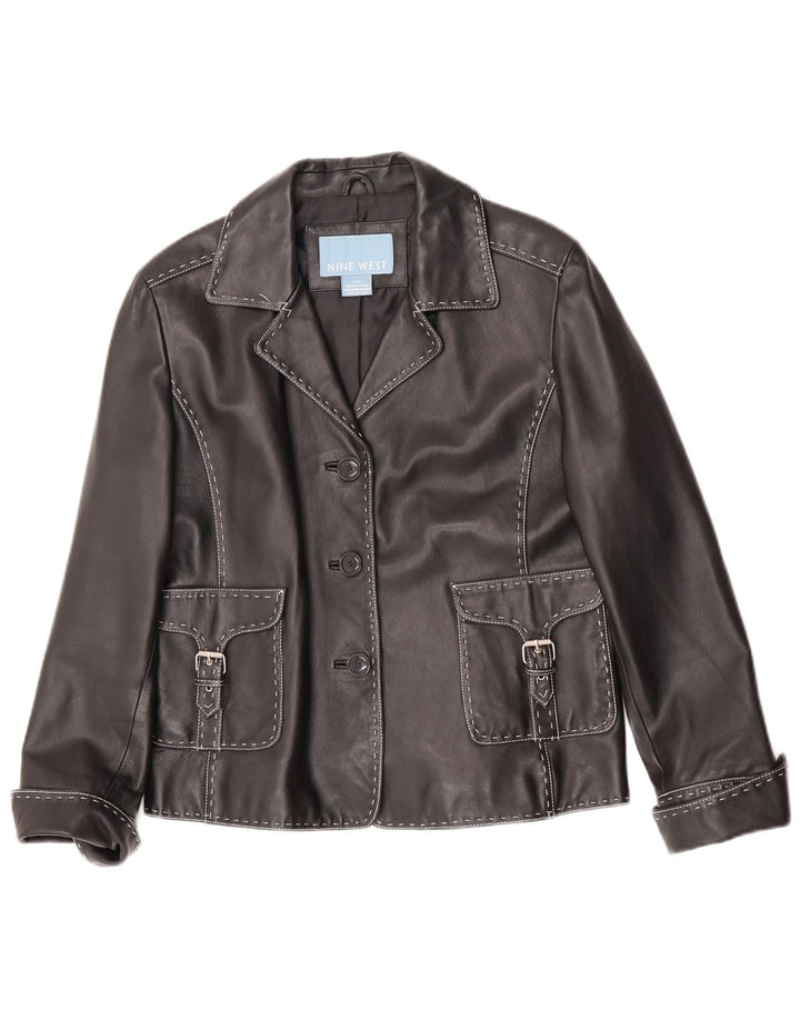 Nine West Veste blazer en cuir à 3 boutons pour femme UK 16 Grand cuir noir