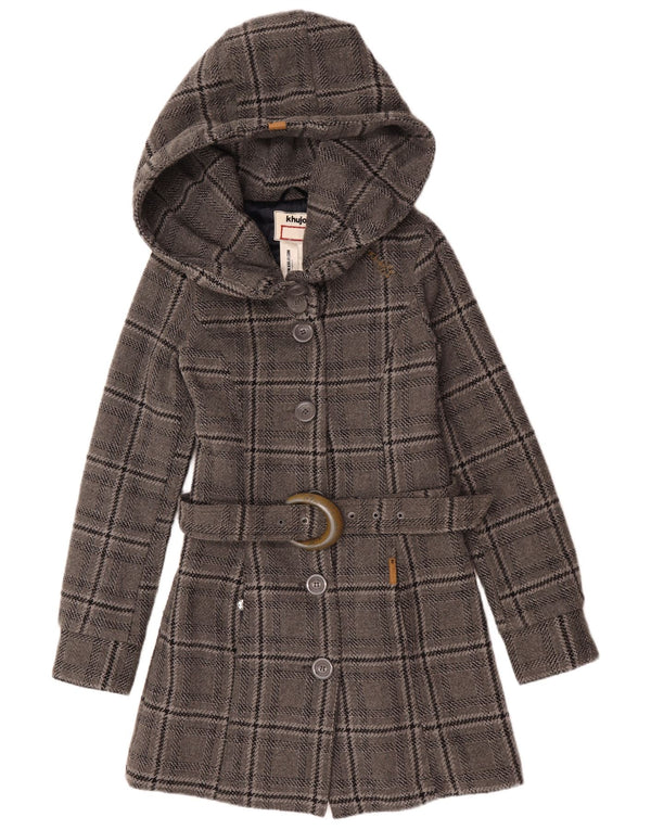 KHUJO Manteau à capuche pour femme UK 42 en laine à carreaux gris moyen