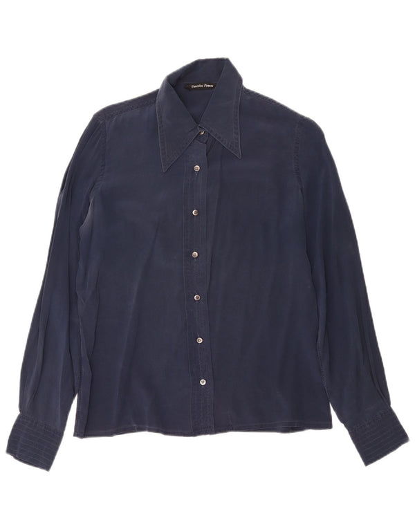 Chemisier chemise femme vintage IT 48 XL Soie Bleu Marine