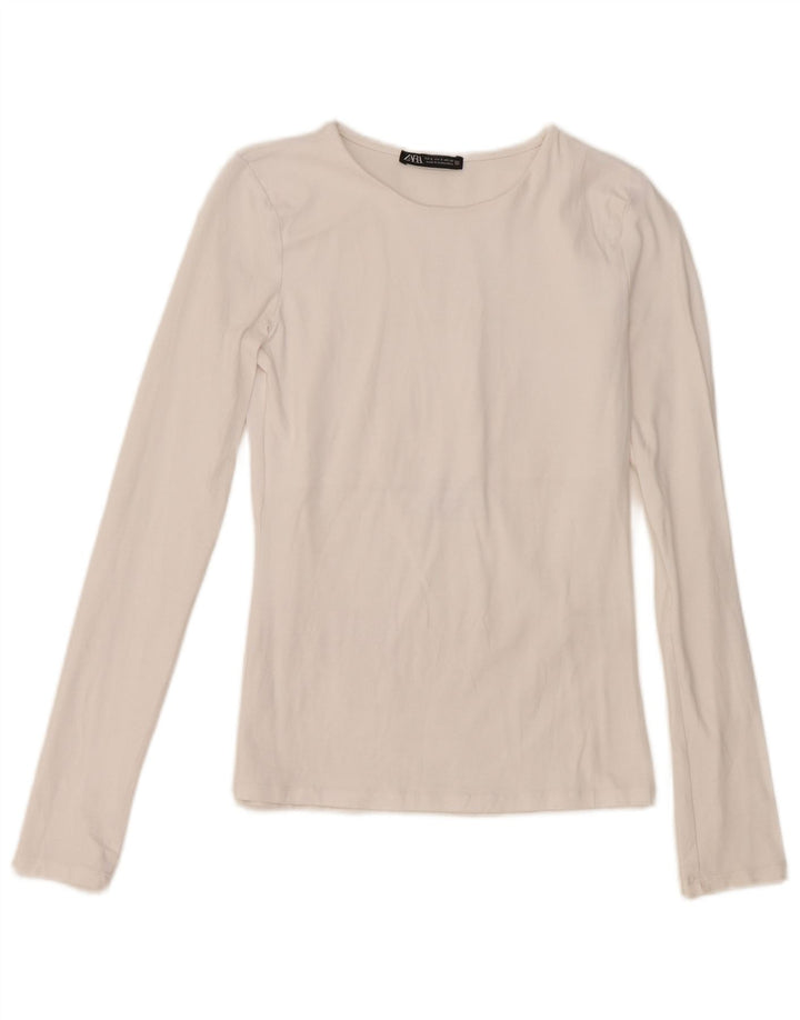 Zara Femme Top Manches Longues UK 8 Petit Coton Blanc