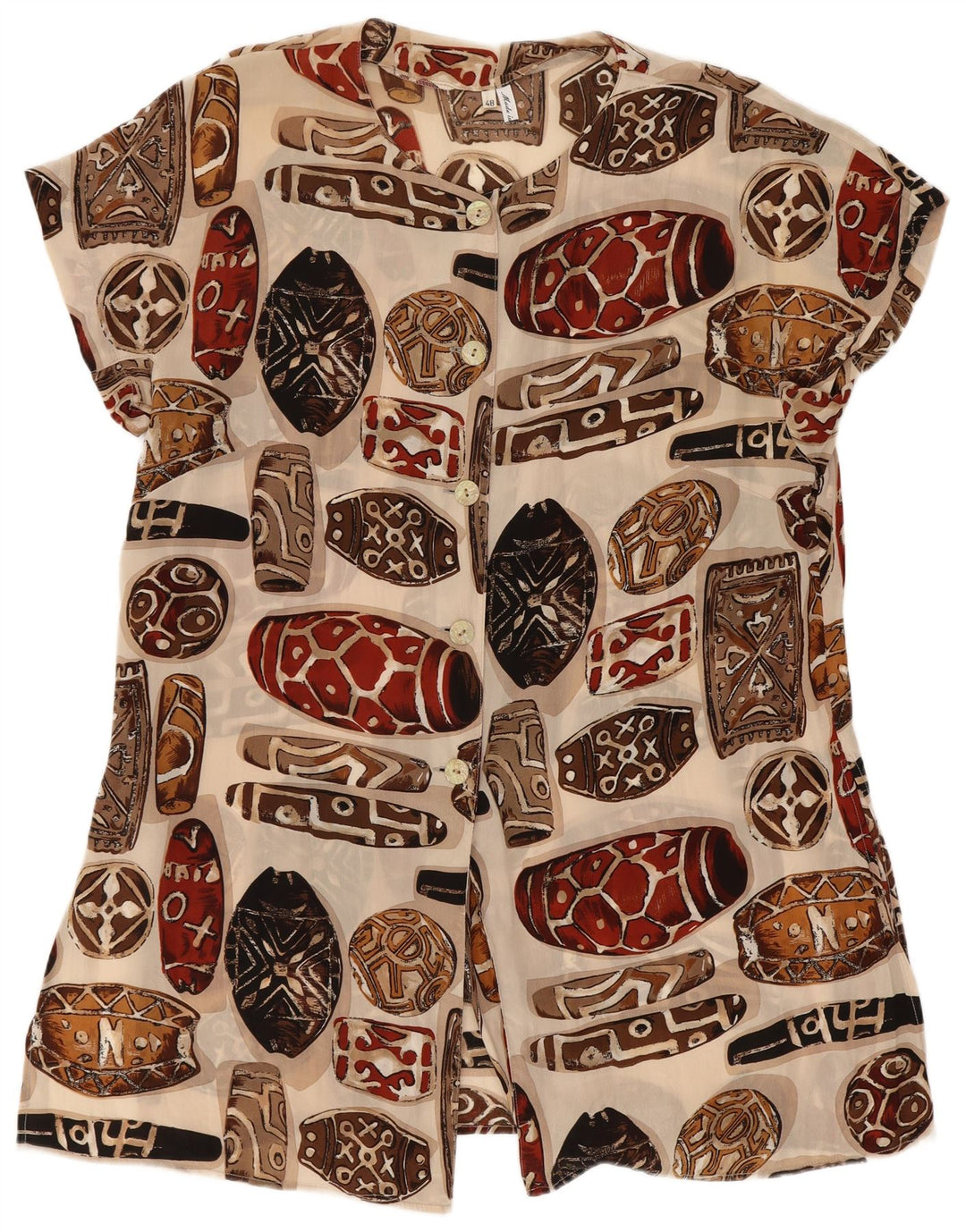 vintage Femmes Motif Abstrait Chemise À Manches Courtes Blouse IT 48 XL Beige
