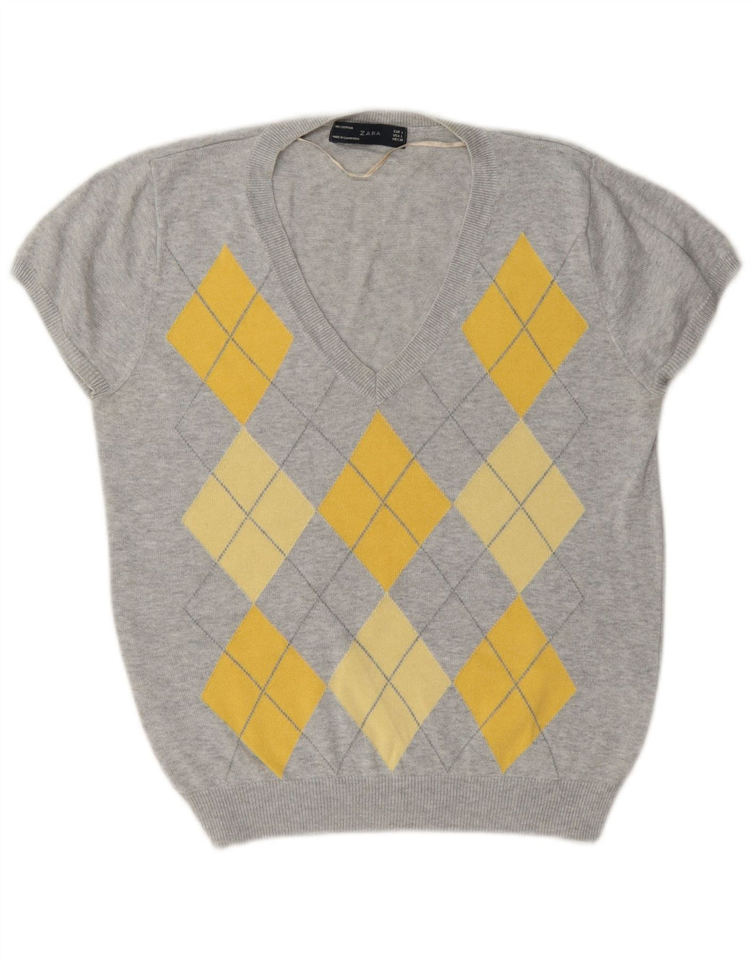 Zara Pull col V pour femme UK 14 Grand Gris Argyle/Diamant
