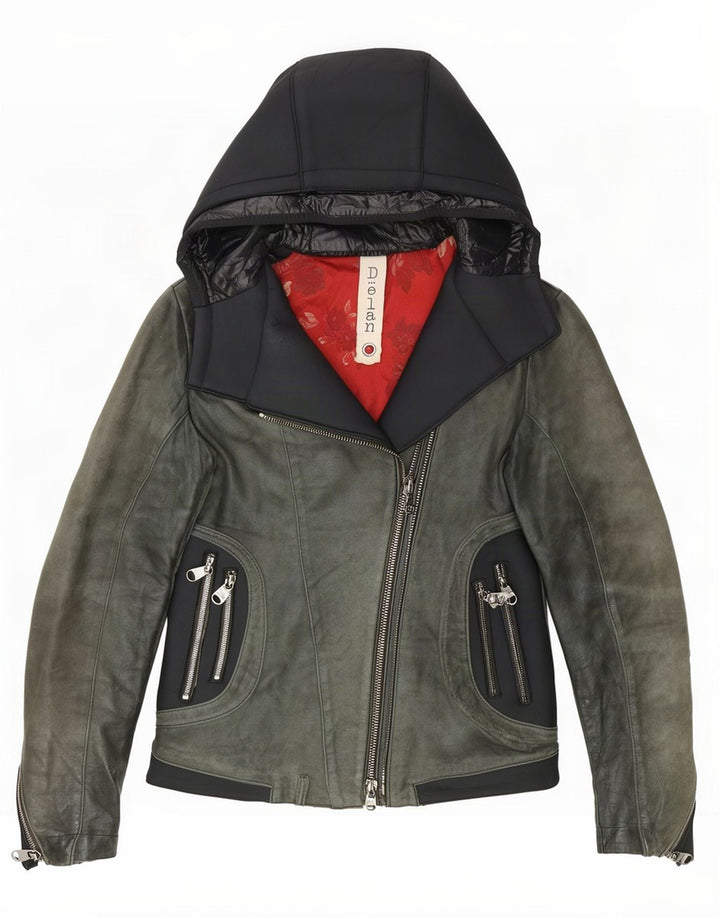 Delan Veste de motard en cuir à capuche pour femme IT 42 Vert moyen Colourblock