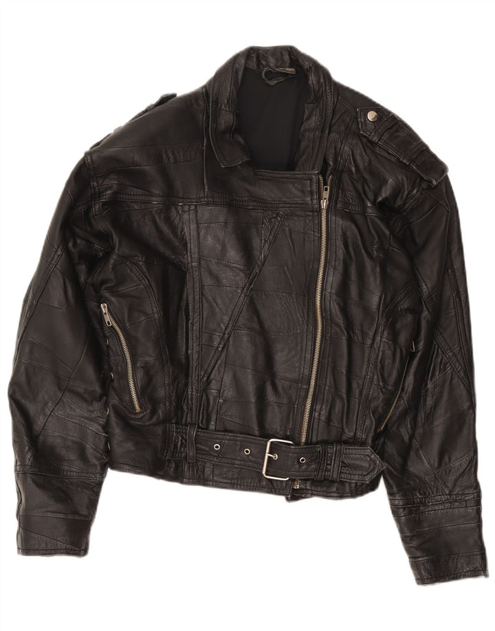 veste en cuir biker femme vintage IT 42 cuir noir moyen