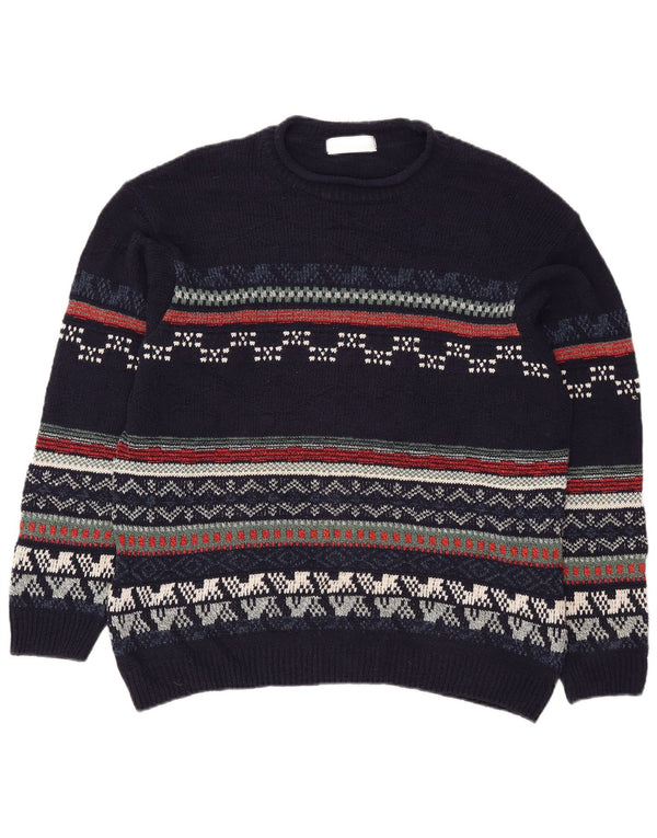 Marks & Spencer Mens Crew Neck Jumper Sweater Large Navy Blue Fair Isle