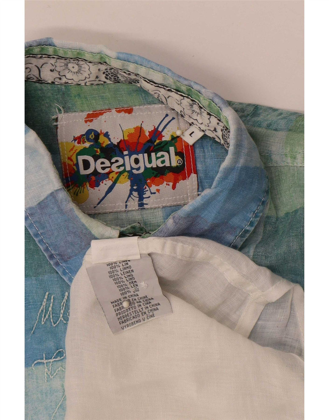 Desigual Chemise Graphique à Manches Courtes Homme Grand Carreau Blanc Lin
