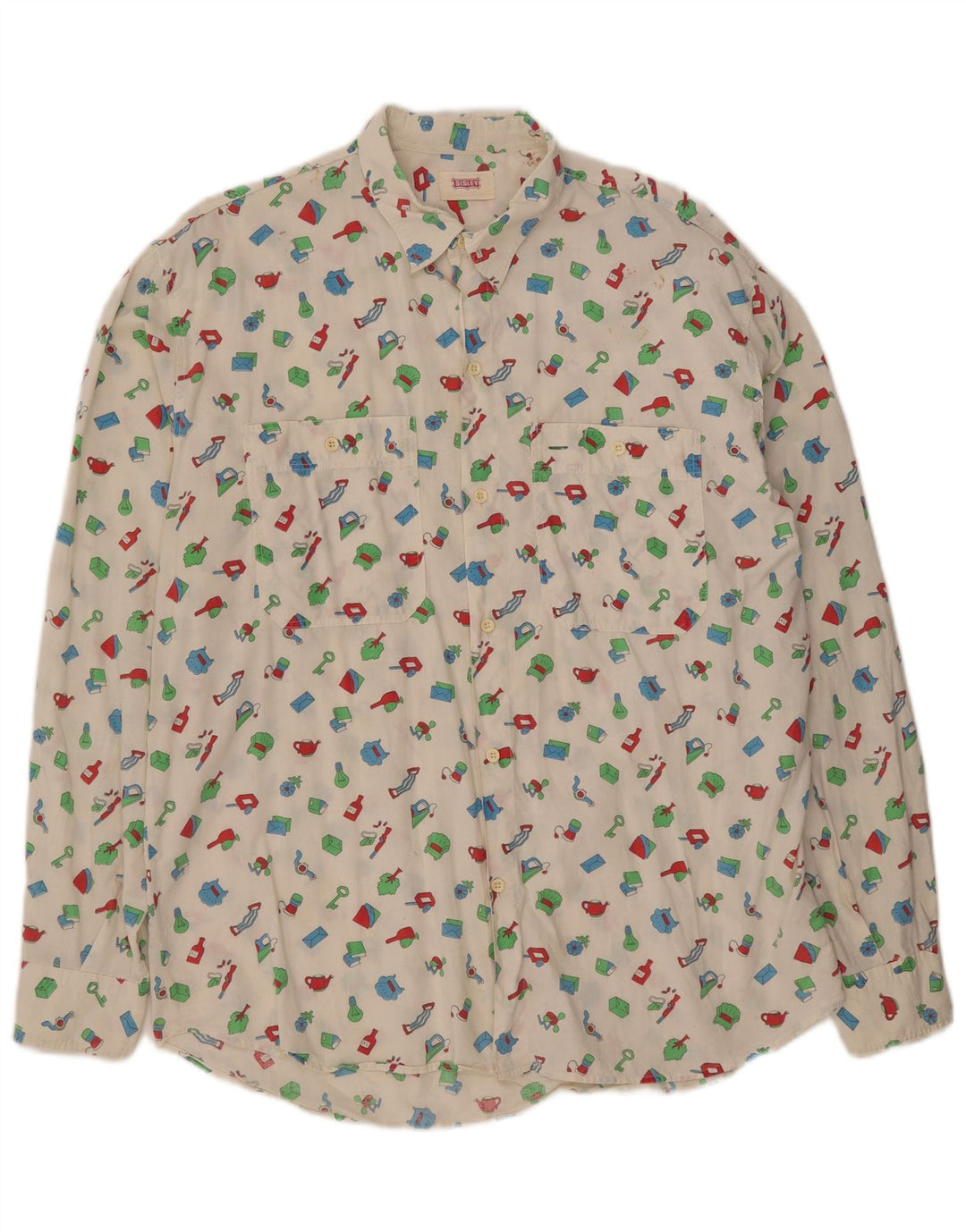 SISLEY Mens Abstract Pattern Shirt Large White