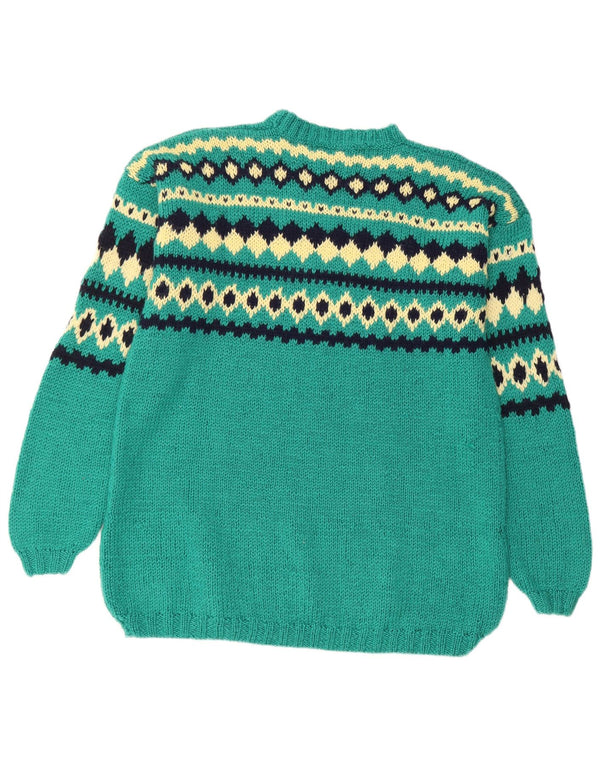 VINTAGE Femme Crew Neck Jumper Pull UK 14 Grand Vert Fair Isle