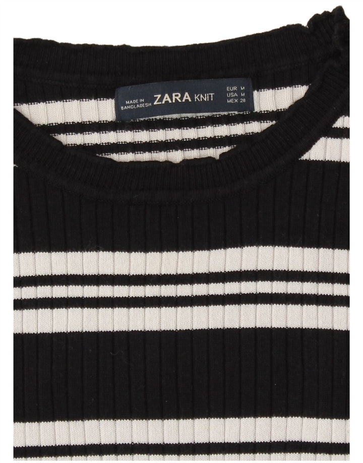 Zara Womens Crop Top Manches Longues UK 12 Moyen Noir Rayé