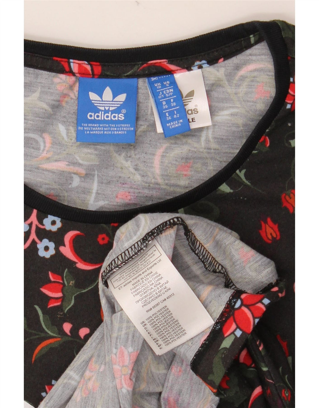 ADIDAS T-shirt graphique pour femme UK 10 Petit noir floral en polyester