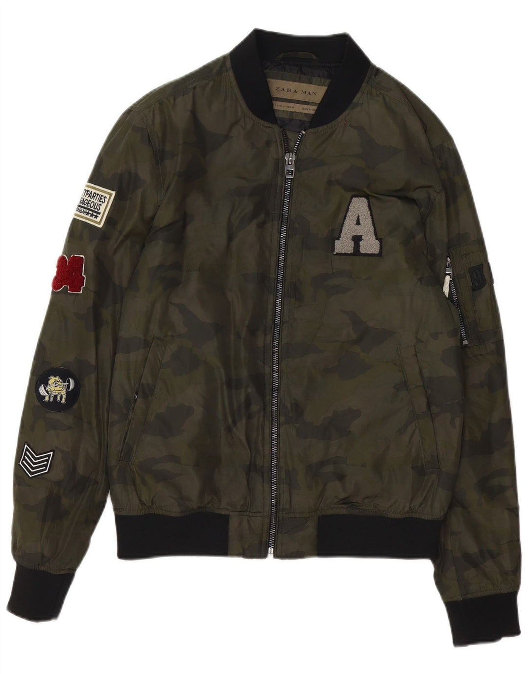 Zara Mens Graphic Bomber Jacket UK 40 Large Vert Camouflage Polyester
