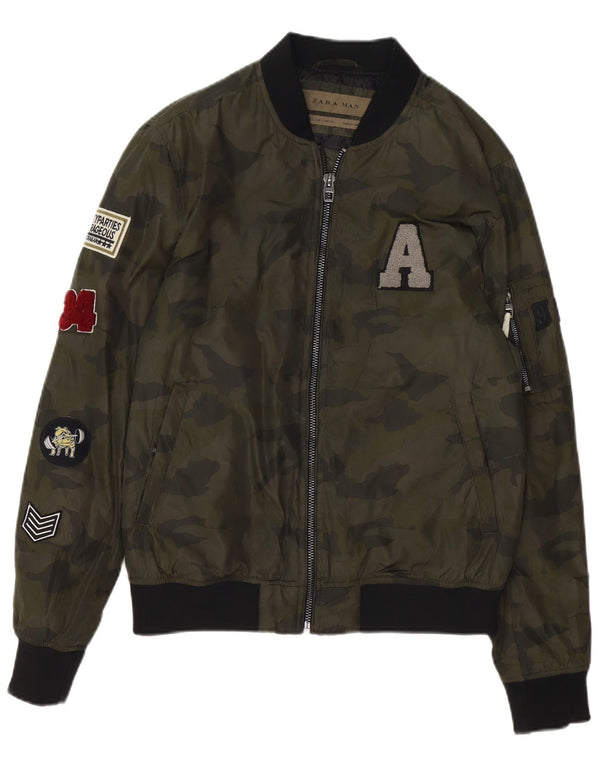 Zara Mens Graphic Bomber Jacket UK 40 Large Vert Camouflage Polyester