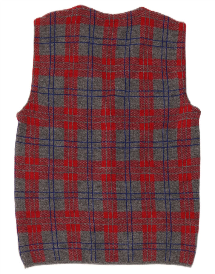 vintage Mens Cardigan sans manches Pull Petite laine à carreaux gris