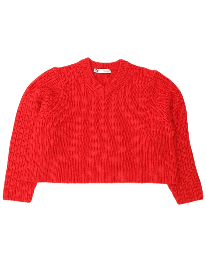 Zara Pull court surdimensionné à col en V pour femme UK 14 Rouge moyen