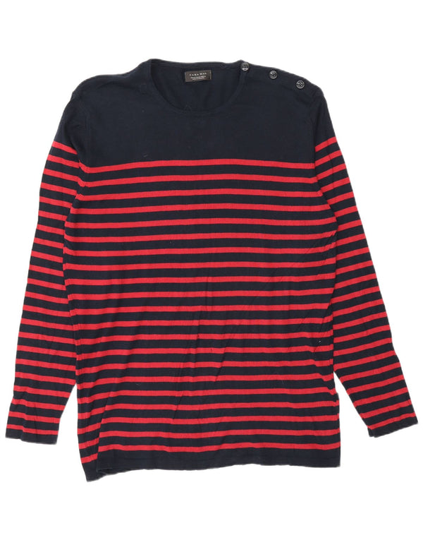 Zara Mens Crew Neck Jumper Sweater XL Navy Blue Striped