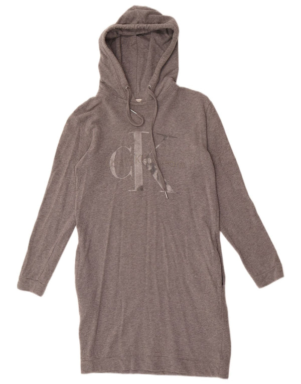 Calvin Klein Jeans Robe à capuche graphique pour femme UK 6 XS Gris chiné en coton