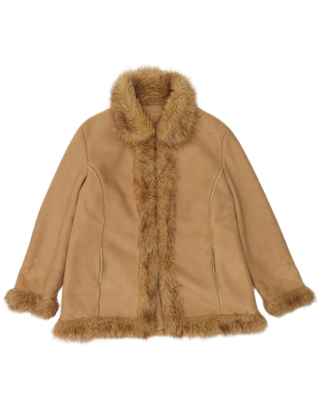 vintage Femme Ouvert Sherpa Veste UK 14 Grand Beige Polyester