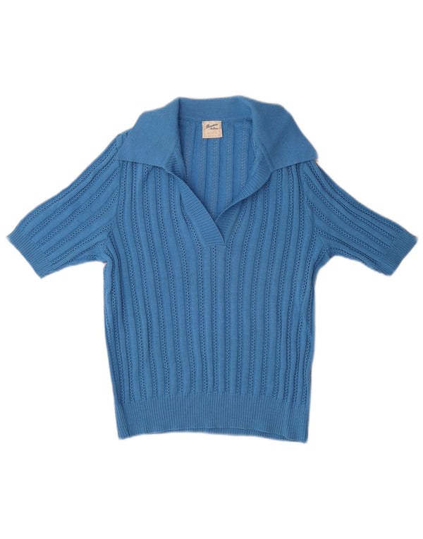vintage Femme Manches Courtes Polo Neck Jumper Pull IT 40 Petite Laine Bleue